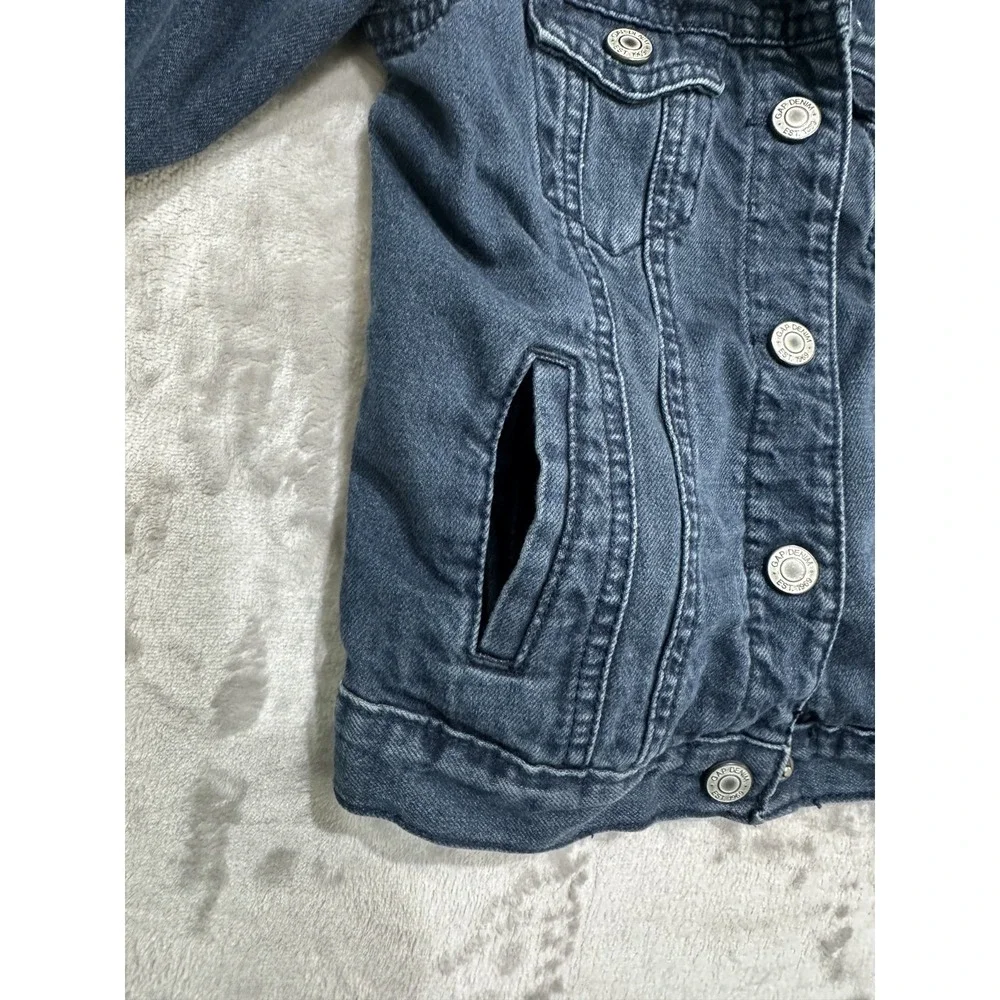 Gap Denim Jacket Girls Size XS Blue Jean Buttons Artsy Cat Meow‎ Long Sleeve EUC